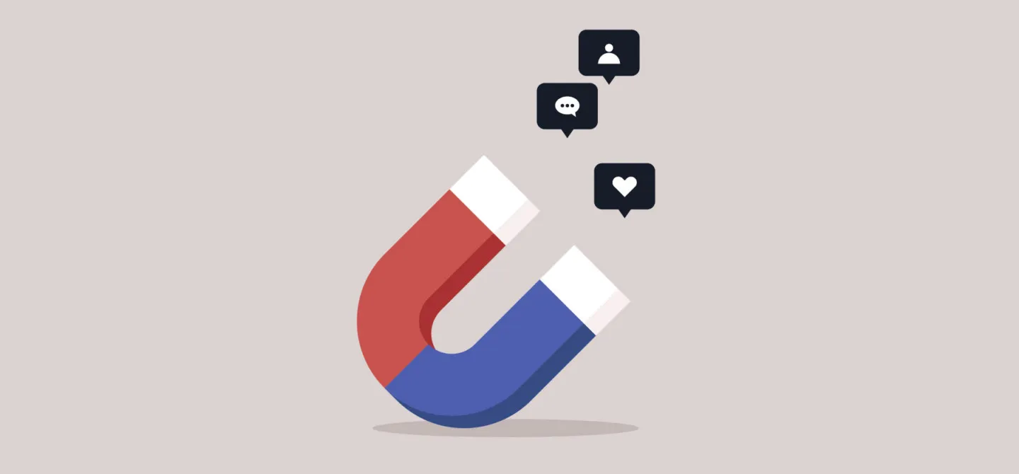illustration of a magnet attracting comments, followers and likes. 